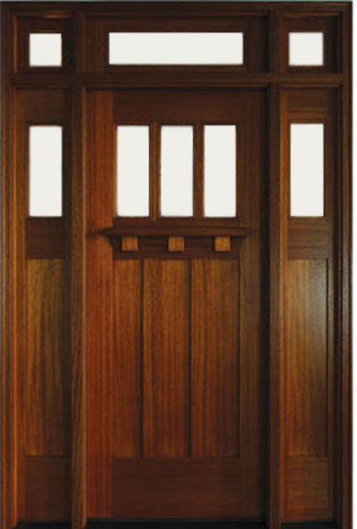shaker style mahogany front door with dentil shelf and door transom