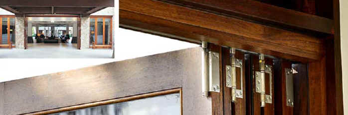 Exterior folding patio doors feature Centor Architechtural hardware which allows the doors to stack to the side