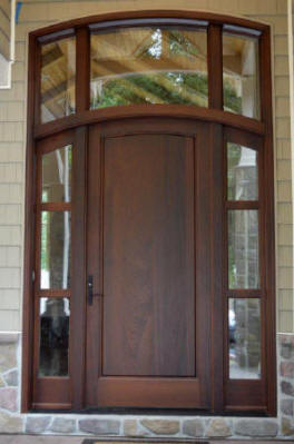 Solid mahogany front entry door with 3 lite side windows and transom