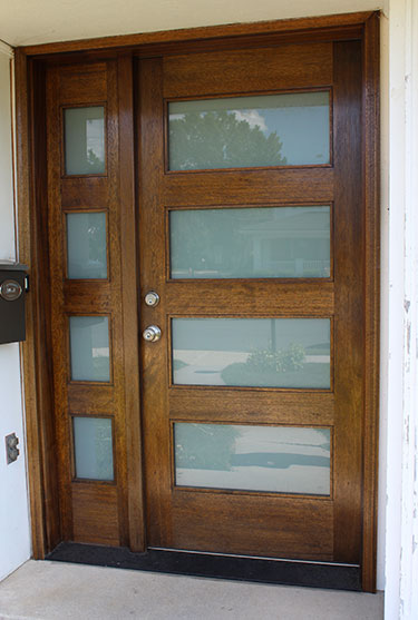 Modern wood and glass front door with satin glass